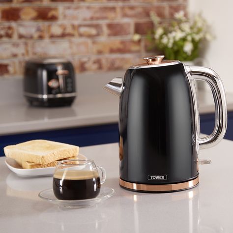 Rose Gold Kitchen, Black Microwave, Stainless Steel Kettle, Gold Branding, Tea Kettle, Open Plan Living, Electric Kettle, Off Black, Kitchen Stuff