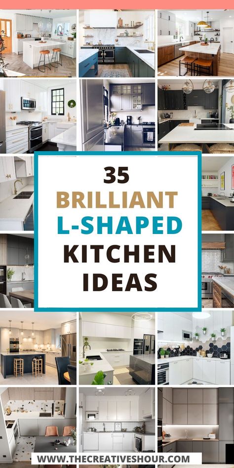 Discover inspiring L-shaped kitchen designs with island layouts, perfect for modern interior design. Explore ideas for cabinets, seating, and floorplans to transform your space into a stylish haven for diner family rooms. Tiny Home Kitchen Layout L Shaped, L Cabinet Kitchen, L Shaped Kitchen Wood Cabinets, Open Plan Kitchen Layout Ideas, L Kitchen With Peninsula, L Shaped Kitchen With Island Sink, Mid Size Kitchen Remodel, L Shaped Kitchen Decor, Kitchens With Square Islands