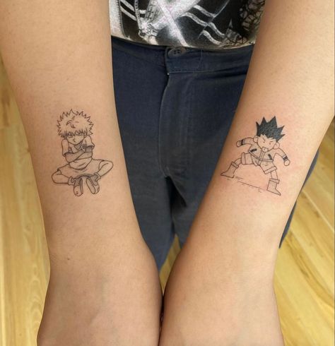 Hxh Killua Tattoo, Matching Hunter X Hunter Tattoos, Subtle Hxh Tattoos, Couple Anime Tattoo, One Piece Matching Tattoos, Gon And Killua Matching Tattoos, H X H Tattoo, Anime Sibling Tattoos, Hxh Matching Tattoos