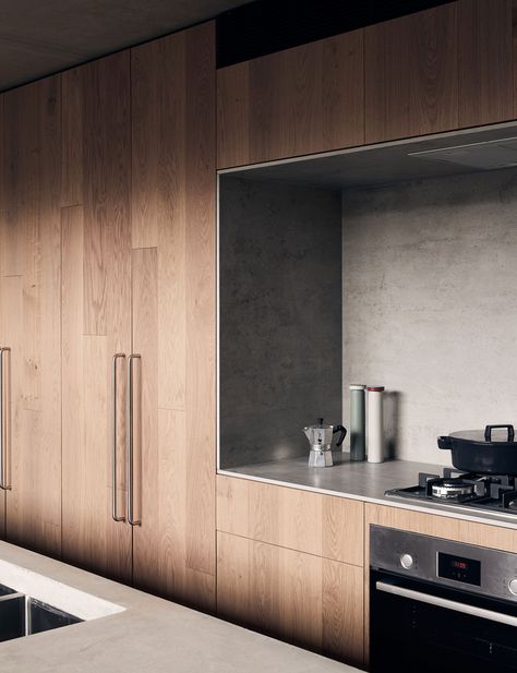 Brutalist Kitchen, Melbourne Apartment, Small Stove, Concrete Staircase, 60s Home, Residence Design, Clifton Hill, Concrete Interiors, Timber Walls