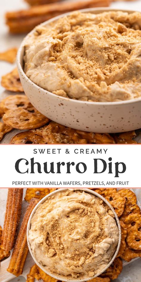 All the flavors of a churro in a sweet, creamy dip! Easy to make ahead and perfect with pretzels, graham crackers, cookies, or fruit, this fun dessert dip is a hit at every event. You can make it keto or gluten-free with a couple easy subs, too! Churro Dip, Sweet Dips Recipes, Cinnamon Bananas, Dessert Dip Recipes, Jalapeno Popper Dip, Dip Easy, Dessert Dip, Fun Dessert, Sweet Dips