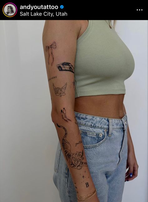 Arm Tattoos Patchwork Women, Girls Patchwork Tattoos, Sticker Sleeve Women, Thigh Tattoos Women Patchwork, Scattered Sleeve Tattoo Women, Scattered Arm Tattoos For Women, Tattoo Arm Placement For Women, It Girl Tattoo, Tattoo Ideas Female Patchwork