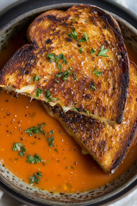 Grilled Cheese and Tomato Soup is a delicious and comforting choice for any mealtime! 🥪🍅 Made with melty cheese and rich, flavorful tomato soup, this classic combo is a delightful blend of creamy and savory flavors. Quick to prepare and bursting with hearty goodness, Grilled Cheese and Tomato Soup is perfect for a cozy lunch or dinner. Indulge in this warm twist on a classic favorite today! 😋🌿 #GrilledCheeseAndTomatoSoup #ComfortFood #HeartyMeals #ClassicFavorites Tomato Soup Pictures, Tomato Soup And Grilled Cheese Aesthetic, Tomato Bacon Soup, Sandwich And Soup Combo, Feel Good Dinner, Grilled Cheese Aesthetic, Cozy Winter Food, Grilled Cheese And Soup, Fall Hangout