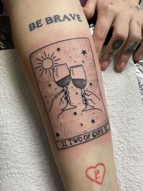 Tarot Card Tattoo Matching, Two Of Cups Tattoo, 2 Of Cups Tattoo, Page Of Cups Tattoo, 2 Of Cups Tarot Tattoo, Three Of Cups Tattoo Design, Sister Tarot Card Tattoo, Two Of Cups Tattoo Tarot, Matching Tarot Card Tattoo