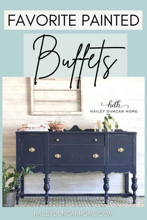 Vintage buffet painted navy blue with gold hardware. Painted Furniture Ideas Colors Dining Room, Entryway Ideas With Buffet, Buffet Cabinet Vintage, Redoing Buffet Furniture, Painted Buffet Ideas Farmhouse, Buffet Redo Ideas, Painted Vintage Buffets And Sideboards, Chalk Painted Antique Buffet, Buffet Table Antique