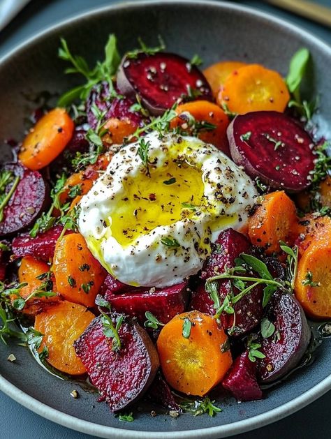 Roasted Beets and Carrots Salad with Burrata - Beetroot And Carrot Salad, Carrots Salad, Salad With Burrata, Beets And Carrots, Roasted Beets And Carrots, Beetroot Recipes, Thanksgiving Salad, Burrata Salad, Food Side Dishes