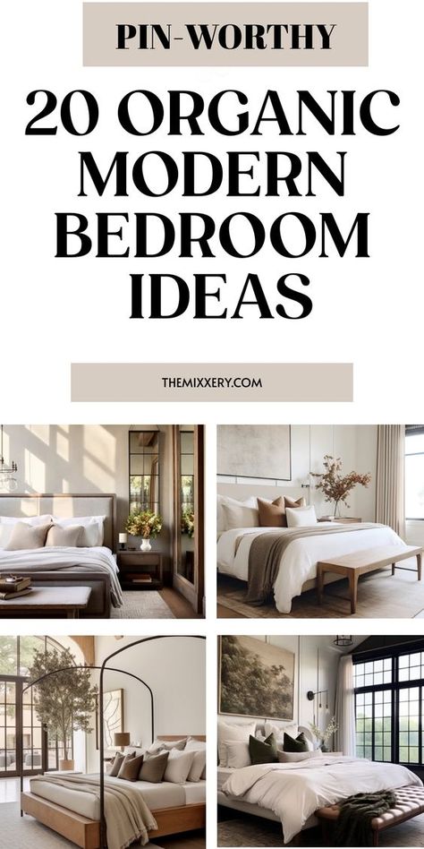 Discover the soothing charm of an organic modern bedroom with our curated collection of decor inspiration. Embrace simplicity and create a serene space that exudes natural elegance. From earthy color palettes to minimalist furniture, find ideas that will transform your bedroom into a tranquil haven. Explore the fusion of clean lines, natural textures, and simple aesthetics to achieve a truly organic modern look. Let nature's beauty infuse your sleeping oasis and experience the perfect blend of c Transitional Bedroom With Color, Grey Organic Modern Bedroom, Bedroom Designer Ideas, Master Bedrooms Decor Modern 2024, Modern Traditional Guest Bedroom, Modern Oasis Bedroom, Modern Organic Bedroom Design, Neutral Primary Bedroom Ideas, Organic Modern Bedroom Color Palette