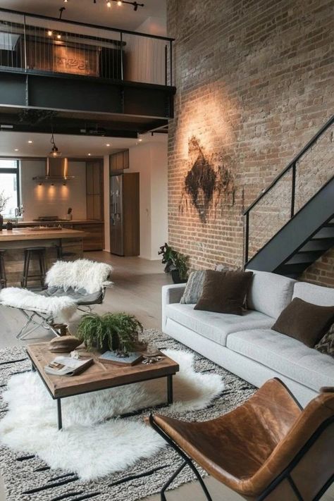 "Transform your living room into an urban retreat with Modern Industrial Decor! 🛋️��🏭 Ideal for adding a touch of rugged elegance to your home. 🌿✨ #IndustrialStyle #LivingRoomDesign #ModernLiving" Organic Industrial Decor, Industrial Living Space, Industrial Country Home, Industrial Contemporary House, Industrial Interior Decor, Industrial Home Design Living Room, Industrial Home Decor Ideas, Industrial Mountain Home, Industrial Room Decor