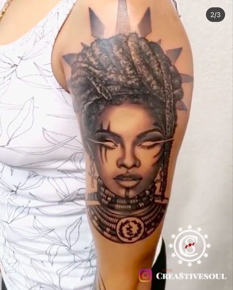 African Queen Tattoo, African Warrior Tattoos, Afro Tattoo, African Tattoo, Back Shoulder Tattoos, Queen Tattoo, Goddess Tattoo, Black Girls With Tattoos, Warrior Tattoos