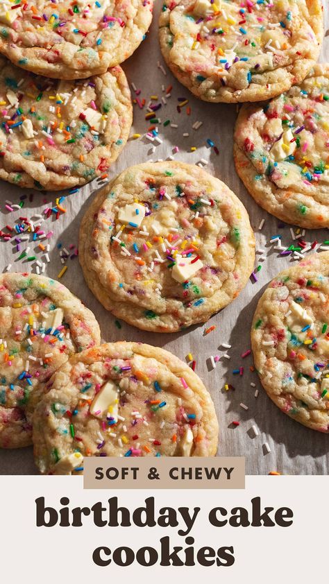 These soft and chewy birthday cake cookies are full of white chocolate and rainbow sprinkles. They're made with clear vanilla extract for that classic birthday cake flavour in cookie form! Classic Birthday Cake, Birthday Cake Cookies, Deep Dish Cookie, Cookies With White Chocolate, Classic Birthday, Family Snacks, Birthday Cake Flavors, Birthday Baking, Cookie Cake Birthday