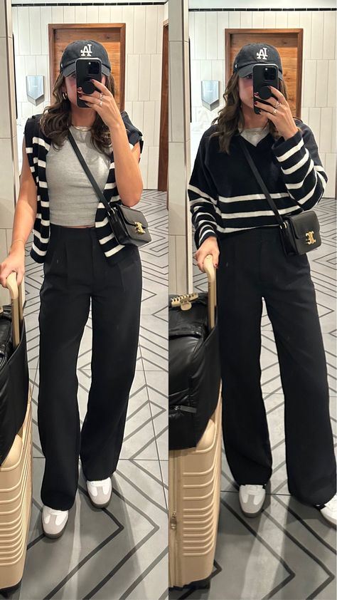 Trouser Airport Outfit, Black Pants Outfit Women Casual, Black Pants Outfit Autumn, Black Dress Pants Casual Outfit, Trousers Outfit Casual Street Fashion, Airport Outfit Spring 2024, Travel Airplane Outfit, Trousers For Short Women, Summer All Black Outfits