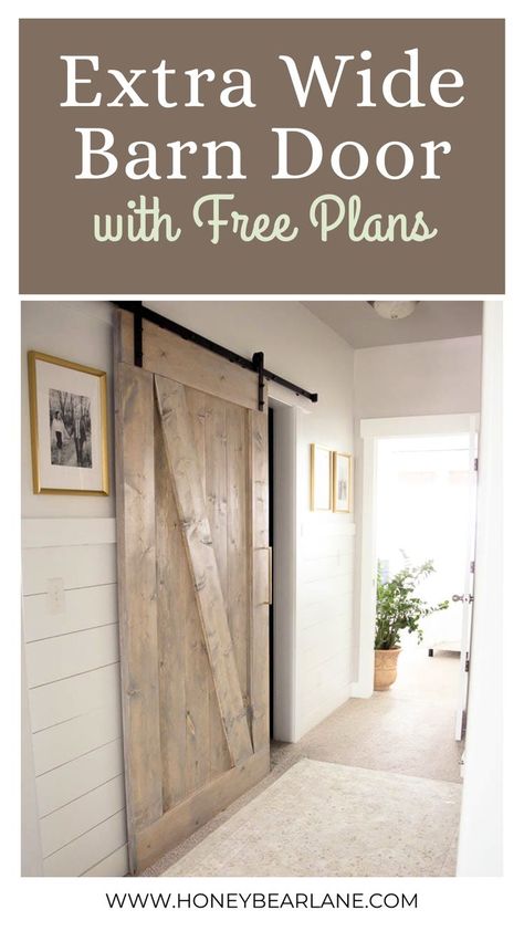 Ready to upgrade your home decor with a DIY project? Our extra wide barn door with free plans is the perfect place to start! Add a touch of farmhouse style to any room with this easy-to-follow tutorial. Diy Farm Doors Sliding, How To Make A Barn Door, Barn Door Room Divider, Wide Barn Door, Small Sliding Barn Door, Build A Barn Door, Barn Doors Diy, Single Wide Trailer, Diy Barn Door Plans