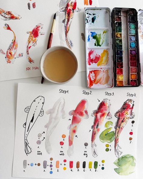 Anna Koliadych (@dearannart) • Instagram photos and videos Paint Koi Fish, Watercolor Koi Fish, Koi Painting, Koi Fish Drawing, Sap Green, Koi Watercolor, Learn Watercolor Painting, Watercolor Fish, Watercolor Paintings For Beginners