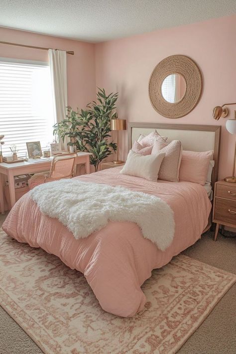 Light Pink And Neutral Bedroom, Boho Blush Pink Bedroom, Light Pink And Cream Bedroom, Pink Grown Up Bedroom, Boho Pink Bedroom Ideas, Pink Boho Room Ideas, Girly Guest Bedroom, Pink Painted Bedroom, Boho Pink Room