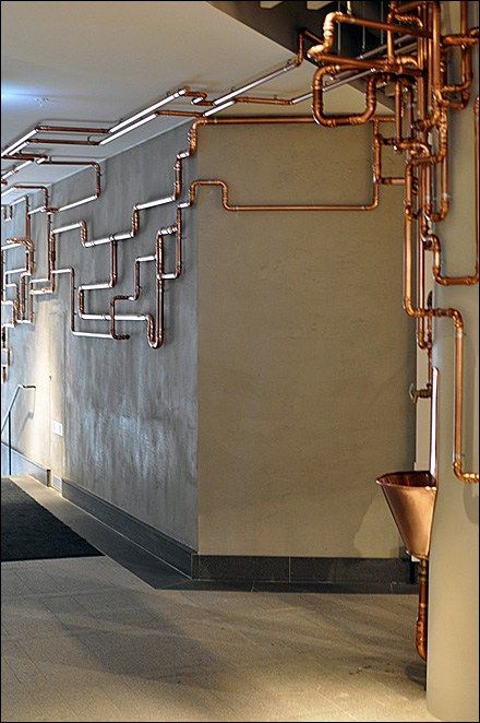 As customer amenity this Copper Water Fountain would catch the eye, even without the runaway copper piping. I’m sure the… Industrial Hallway, Luminaria Diy, Modern Industrial Interior, Copper Pipes, Industrial Design Furniture, Vintage Industrial Style, Industrial Bedroom, Industrial Living, Vintage Industrial Furniture