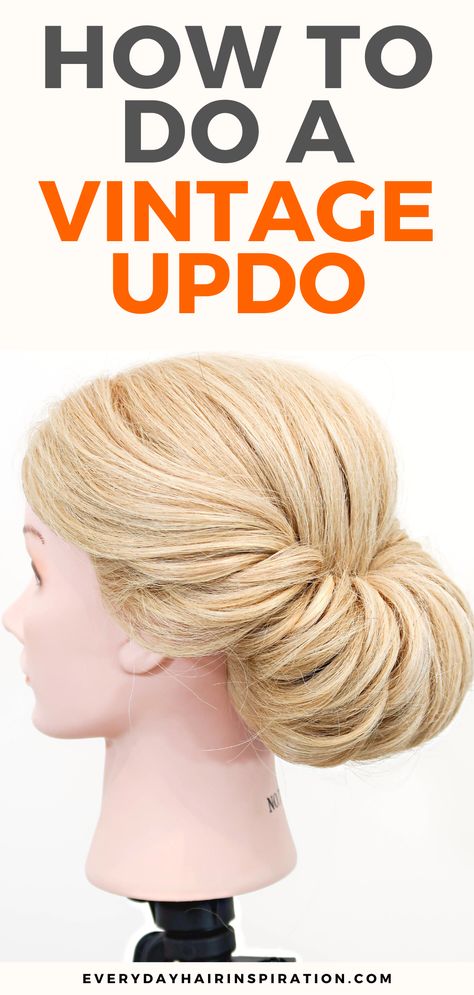 Vintage updo 1950s Updos For Long Hair, 30s Updo, 1930 Updo, Fun Hair Updos Simple, 1940 Women Hairstyles, Old Fashioned Updos For Long Hair, Easy French Roll Updo, 1930s Updo Hairstyles, Easy 1940s Hairstyles For Long Hair