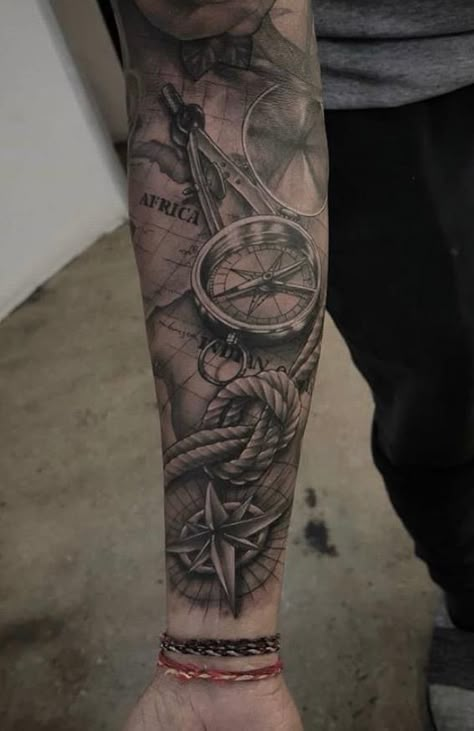 Blue Collar Tattoo For Men Sleeve, Map Sleeve Tattoos For Guys, Survivor Tattoo Ideas For Men, Nautical Half Sleeve Tattoo, Compass Sleeve Tattoo, Sleeve Tattoos For Guys Forearm, Forearm Tattoos For Guys, Ship Tattoo Sleeves, Tattoos For Guys Forearm