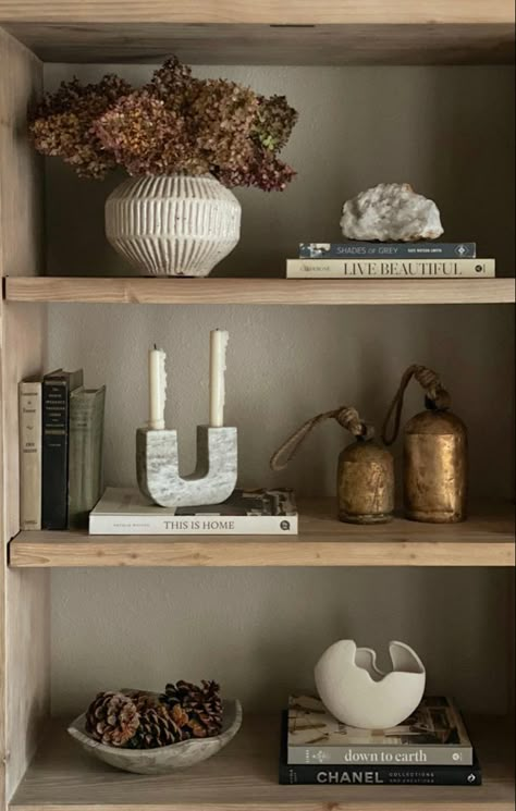 Rustic Modern Shelf Decor, Shelving Styling Living Room, Shelf Styling For Fall, European Modern Decor, Style Shelf Living Room, Decor Shelves In Living Room, 2 Shelf Decor Living Room, Open Shelf Ideas Living Room, Studio Mcgee Living Room Shelves