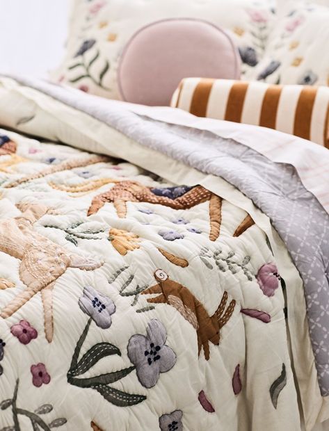 Nursery Decor Woodland Nursery Quilt, Fun Toddler Beds, 2 Twin Beds In One Room Ideas, Kids Bedroom Colors, Madeline Quilt, Colorful Toddler Room, Twin Bed Ideas, Woodland Bedroom Kids, Kids Pattern Design