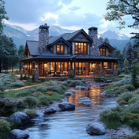 Immerse yourself in the serene beauty of the Colorado mountains with this Craftsman-style Farmhouse Luxury spanning 10,000 sqft. Soft light enhances the muted color grading, showcasing intricate textures against the tranquil creek backdrop. Let this AI-rendered masterpiece inspire your luxury decor aspirations, blending comfort with nature's grandeur. Can you hear the mountain creek's murmur or feel the fresh mountain air? Share your thoughts below! 🌄🏡 #DreamHomeInspiration #LuxuryInteriors #CraftsmanStyle #FarmhouseLuxury #ColoradoMountains #SoftLight #LuxuryLiving #LuxuryDesign #LuxuryLifestyle #HomeGoals #InspiringHomes #LuxuryTravel Mountain House View, Colorado Ranch House, Jank Boteko, Mountain Homes Exterior, House In Mountains, Colorado Houses, Mountain House Exterior, Kat Singleton, Sims 4 Worlds