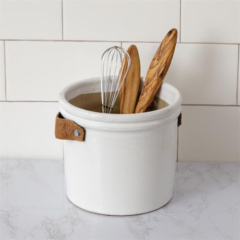 White Pottery Crock With Leather Handles | A Cottage in the City Kitchen Utensil Holder Ideas, Farmhouse Utensil Holder, Kitchen Utensil Crock, Farmhouse Tabletop, Ceramic Crock, Farmhouse Stools, Wooden Display Stand, Vintage Farmhouse Style, Countertop Display