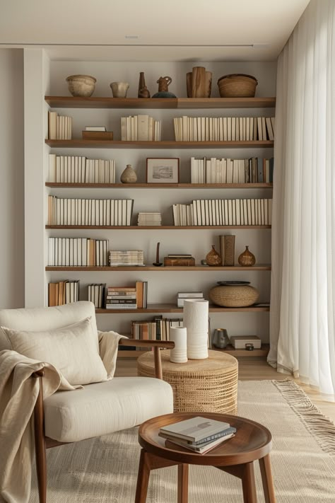 Organized Interior Design, Home Ideas Minimalist, Quite Rooms, Quiet Living Room, Minimalism Home Design, Cute Shelves For Living Room, Minimalistic Wall Design, Living Room Ideas Minimal, Minimalist Library Design