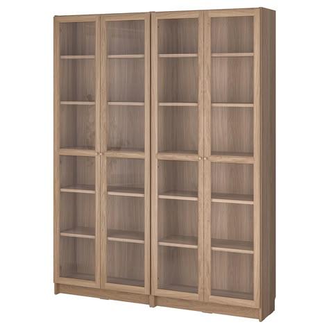 BILLY / OXBERG bookcase comb with glass doors, oak effect, 63x79 1/2 ". BILLY bookcase is a beloved icon that, thanks to its versatility, can be used in many ways at home. With glass doors you can display your favorite items while also protecting them from dust. Main parts/ Side panel: Particleboard. Billy Oxberg Bookcase, Oxberg Bookcase, Ikea Pantry, Billy Oxberg, Billy Ikea, Kids Flooring, Ikea Billy, Ikea Furniture Hacks, Billy Bookcase