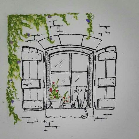 Buildings Illustration Simple, Architecture Doodle Art, Cute Sketches Aesthetic Doodle, Window Drawing Sketch, Window Drawing Easy, How To Draw Buildings, Building Sketches Simple, Room Drawings Sketches, Architecture Drawing Easy