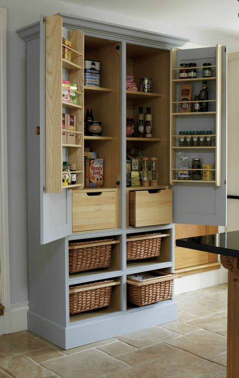 Free standing kitchen pantry by Bespoke Furniture Company. You make something like it from a TV armoire, or other wood cabinet you no longer use Desain Pantry Dapur, Free Standing Kitchen Pantry, Organiser Cucina, Tv Armoire, Kitchen Larder, Desain Pantry, Kabinet Dapur, Pantry Cupboard, Kitchen Stand