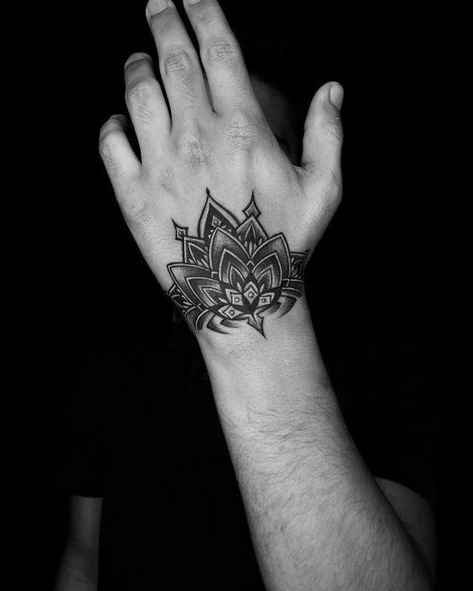 men. Mandala Tattoo Designs Men, Mandala Tattoo Design On Hand, Lotus Hand Tattoo Men, Small Mandala Tattoo Men, Mandala Tattoo Design Mens Hand, Best Hand Tattoos Men Unique, Half Hand Tattoo Men, Hindi Tattoo Men, Mandala Hand Tattoo Men