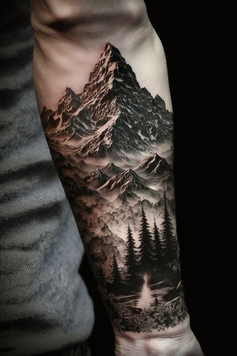 American Traditional Sun Tattoo, Traditional Sun Tattoo, Mountain Sleeve Tattoo, Forest Forearm Tattoo, Forest Tattoo Sleeve, Moutain Tattoos, Natur Tattoo Arm, Wilderness Tattoo, Cool Nature Tattoos