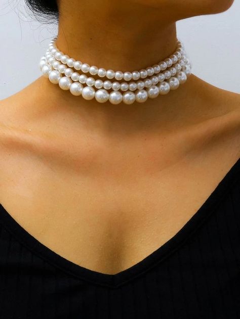 Colar Chocker, Diy Choker, Pearl Necklace Designs, Pearl Accessories, Pearl Necklace Set, Party Necklace, Choker Necklace Set, Pearl Choker Necklace, Beaded Choker Necklace