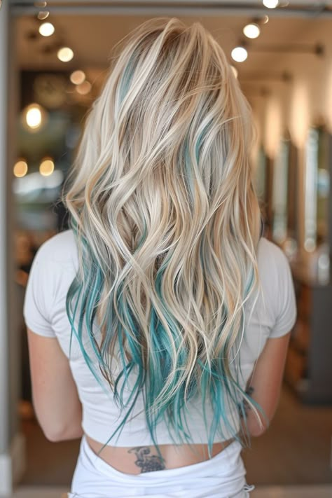 Pops Of Color In Hair, Blonde Hair With Blue Tips, Blonde Hair With Blue Highlights, Aqua Hair Color, Blue Tips Hair, Hair Color Grey Silver, Blonde And Blue Hair, Exotic Hair Color, Blue Hair Highlights