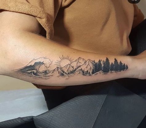 California Sleeve Tattoo Ideas, Mountain Half Sleeve Tattoo, Pacific Northwest Tattoo Ideas, Mountain Theme Tattoo, Nature Tattoo Women, Mountain To Sea Tattoo, Mountain Leg Tattoo, Mountain Forearm Tattoo, Mountain Sleeve Tattoo Women