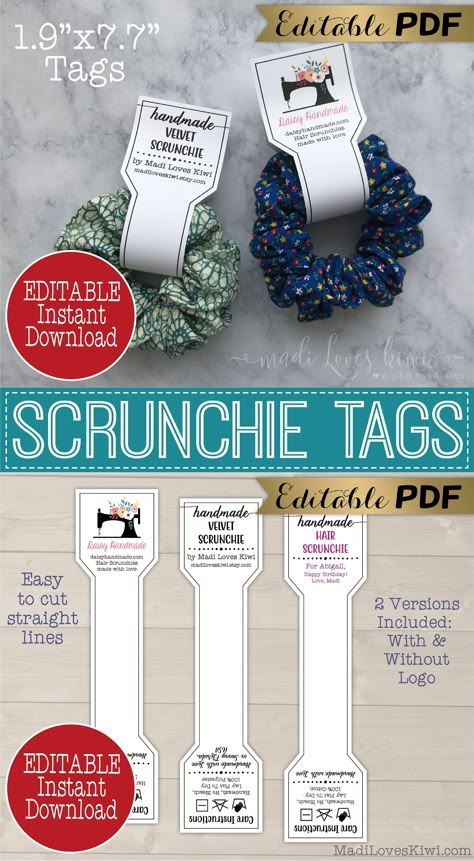 Scrunchie Packaging, Scrunchie Tags, Diy Hair Scrunchies, Scrunchies Diy, Packaging Ideas Business, Handmade Scrunchie, Packaging Template, Product Labels, Handmade Tags