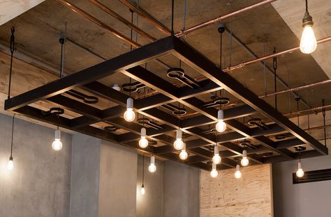 Industrial False Ceiling Design, Industrial Design Ceiling, Industrial Ceiling Ideas, Custom Steel Furniture, Metal Interior Design, Door Handle Design, Steel Ceiling, Ceiling Grid, Window Glazing