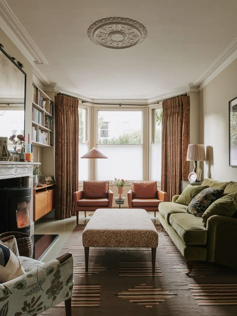 Victorian Living Room Layout Ideas, London Living Room Bay Window, Sofa In Front Of Bay Window, Large Long Living Room Layout, Bay Window Living Room Layout, Long Living Room Ideas, Sitting Room Layout, Long Living Room Layout, Muted Aesthetic