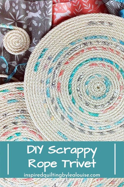 Looking for home décor ideas or handmade gifts? Give this DIY Rope Trivet a try! Sewing a Rope Trivet with Scrap Fabric is fast & easy with this ‘how to’ sewing tutorial. You'll love this scrappy DIY rope trivet with scrap fabric! Do you have some clothesline rope? Clothesline Rope Projects are perfect for making clothesline rope scrap fabric projects like hot mats, trivets, coasters, place mats, bowls and rugs. Rope Rug Diy How To Make, Trivets Diy Fabric, How To Make Rope Trivets, How To Make Rope Baskets, Rope Coasters Diy Tutorials, Rope Trivet Diy, Clothesline Rope Crafts, Rope Placemats Diy, Rope Coasters Diy