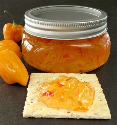 Love the hot and sweet of this jelly. Like most hot pepper jellies, it is wonderful spread over a block of cream cheese. I also sometimes melt it down and use as a final baste on grilled back bacon, pork chops or chicken. Prep time does not include sitting time for apricots and vinegar. Habanero Jelly Recipe, Canning Room, Habanero Jelly, Pineapple Jelly, Pepper Jelly Recipes, Hot Pepper Jelly, Chile Peppers, Homemade Jelly, Jelly Recipe