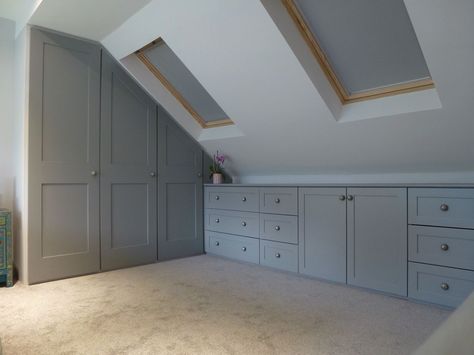 Loft Wardrobe, Small Space Storage Bedroom, Bedroom Storage For Small Rooms, Loft Conversion Bedroom, Loft Conversion Ideas, Attic Bedroom Storage, Eaves Storage, Attic Wardrobe, Loft Extension