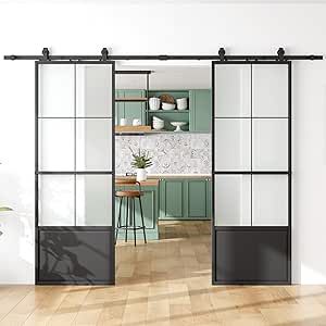 Sliding Metal Doors Exterior, Built Ins Around Sliding Glass Door, Black Iron Glass Doors, Metal Barn Doors Sliding, Double Glass Doors Interior Office, Modern Double Barn Door, Barn Door Office Doors, Industrial Glass Door, Industrial Doors Interior