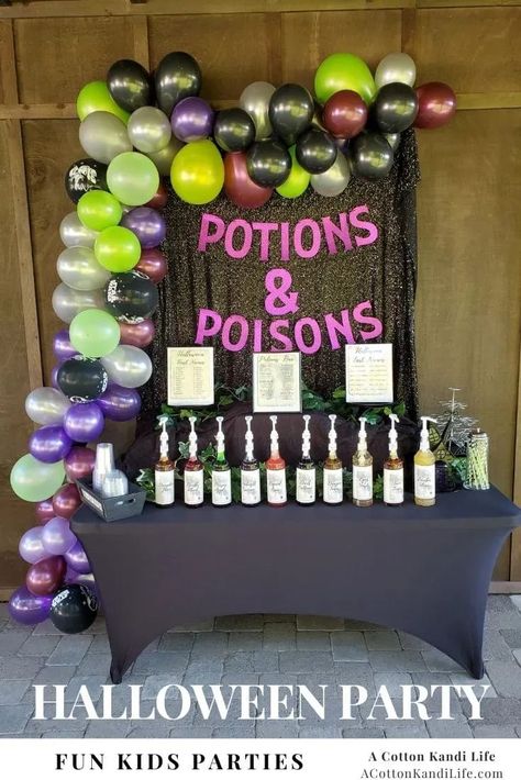 How I threw a Fun Kids Halloween Party with a Potions and Poisons Bar. We did a Halloween Movie Concession Stand all around Italian Soda Syrups. Checkout the Whole Blog Post. **** Cute, Not Scary Halloween Party Themes for Kids. Young Kids Party Ideas. Preschool Party, Kindergarten Classroom Party Ideas. October Birthday Party Ideas. Halloween Balloon Garland Witch Birthday Party Games, Halloween Party Decor For Adults, Halloween Themed Birthday Party Games, Halloween Party Stations, Halloween Party Prizes For Adults, Halloween Adult Birthday Party, Halloween Party Adult Ideas, Halloween Party Adult Games, Halloween Block Party Ideas