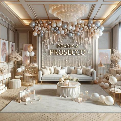 Upscale Bachelorette Party, Pearls And Prosecco Birthday Theme, Pearl Theme Party Ideas, Luxury Bachelorette Party Aesthetic, Champagne And Pearls Theme Party, Glitz Bachelorette Party, Luxury Bridal Shower Ideas, Pearls Bachelorette Party, Classy Bachelorette Themes