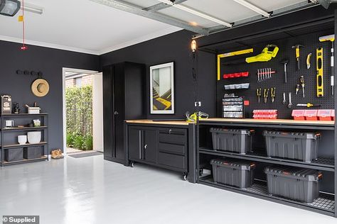 How to transform your garage for $2,500: Couple make over cluttered space with items from Bunnings Rinnovo Garage, Garage Inspiration, Garage Workshop Layout, Garage Storage Inspiration, Garage Design Interior, Garage Organizing, Garage Organisation, Cool Garages, Garage Renovation