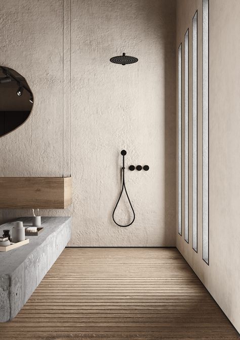 The Modern Rustic Charm Of A Luxury Mediterranean Villa Modern Rustic Bathroom Tile, Modern Light Bathroom, Mediterranean Shower, Sectional Sofa Layout, Custom Showers, White Herringbone Tile, Wet Room Bathroom, Japanese Bathroom, Sofa Layout