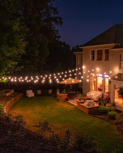 Patio With Lights, Bistro Lights Backyard, Lights Backyard, Backyard Cafe, Backyard String Lights, Backyard Lights, Patio String Lights, Bistro Lights, Patio Lights