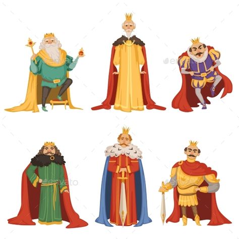 Cartoon characters of big king in different poses. Collection of king character, medieval person lord and monarch with crown. Vector illustration King Character Design, King Character, King Cartoon, King And Queen Crowns, King Drawing, Big King, King Outfit, Different Poses, King Art