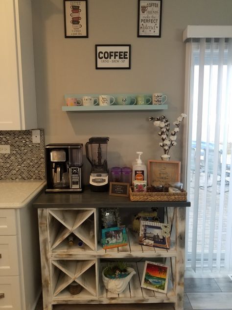 Love my coffee bar. I had the table and shelf made. I got the pictures from the Dollar Store. I use the Ninja Coffee maker and the Ninja Blender Coffee Blender, Ninja Coffee Maker, Ninja Coffee Bar, Ninja Coffee, Ninja Blender, Coffee Grinds, Blended Coffee, My New Home, My Coffee