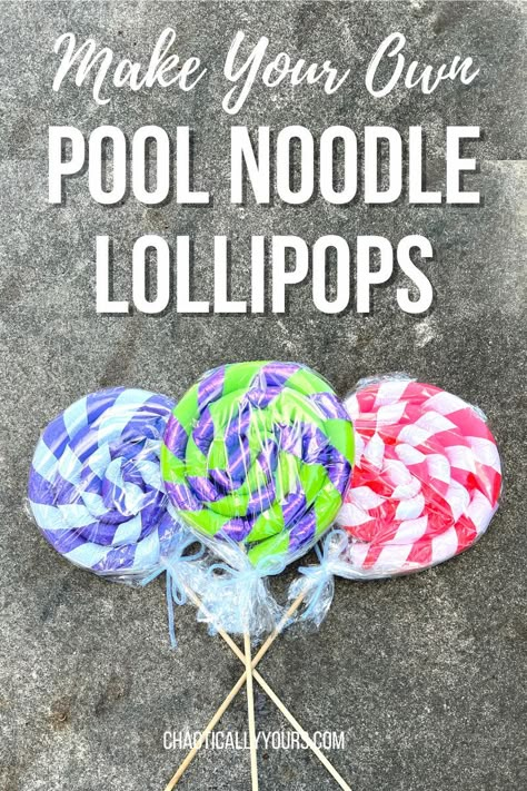 Make pool noodle lollipops in a few easy steps with just a handful of items that you can easily find at your local store or online. Twist And Turns Vbs 2023, Fake Candy Decorations, Pool Noodle Halloween, How To Make Lollipops, Lollipops Diy, Homemade Lollipops, Noodle Crafts, Lollipop Decorations, Large Lollipops