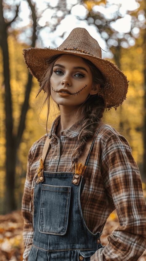 photo of a A fun and creative DIY Halloween costume for women, featuring one woman dressed as a scarecrow. She wears a plaid shirt, overalls, a floppy hat, and straw poking out from her sleeves and pockets. Her makeup includes simple stitched features on her face. She stands outdoors, surrounded by autumn leaves, with a light-hearted and festive Halloween atmosphere. Halloween Costume With Overalls, Halloween Costumes With Overalls, Costumes With Overalls, Scarecrow Costume Women, Halloween Costume For Women, Creative Halloween Costumes Diy, Scarecrow Costume, Duo Costumes, Diy Halloween Costumes For Women